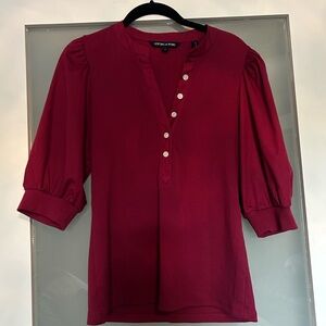 Veronica Beard Red Mandarin Collar Puff Sleeve Blouse